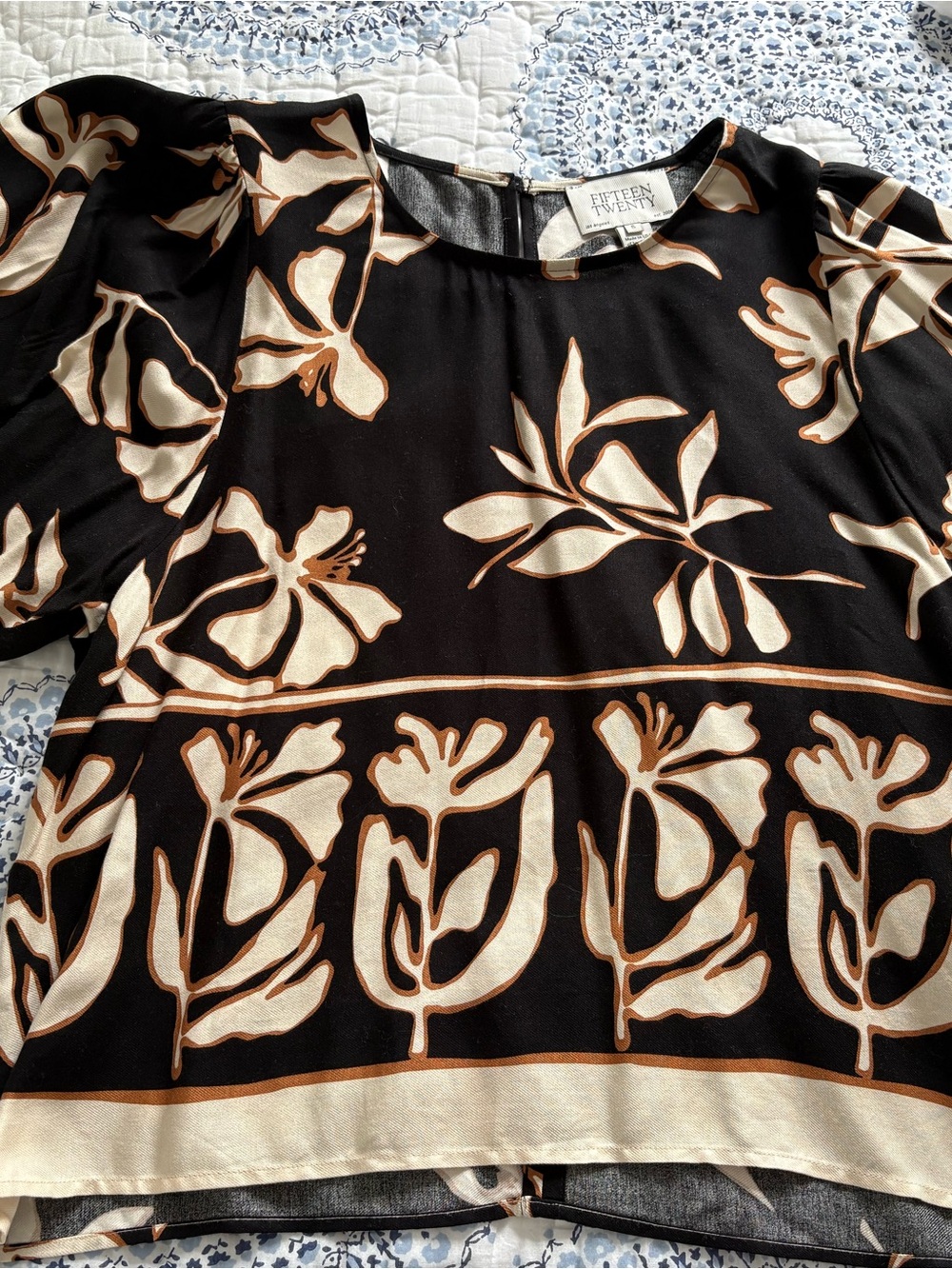 Fifteen Twenty Black Floral Border Print Short Sleeve Blouse